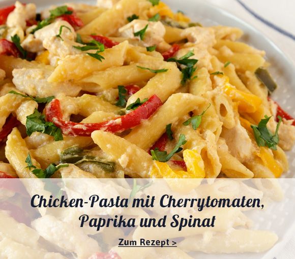 Chicken-Pasta mit Cherrytomaten, Paprika und Spinat